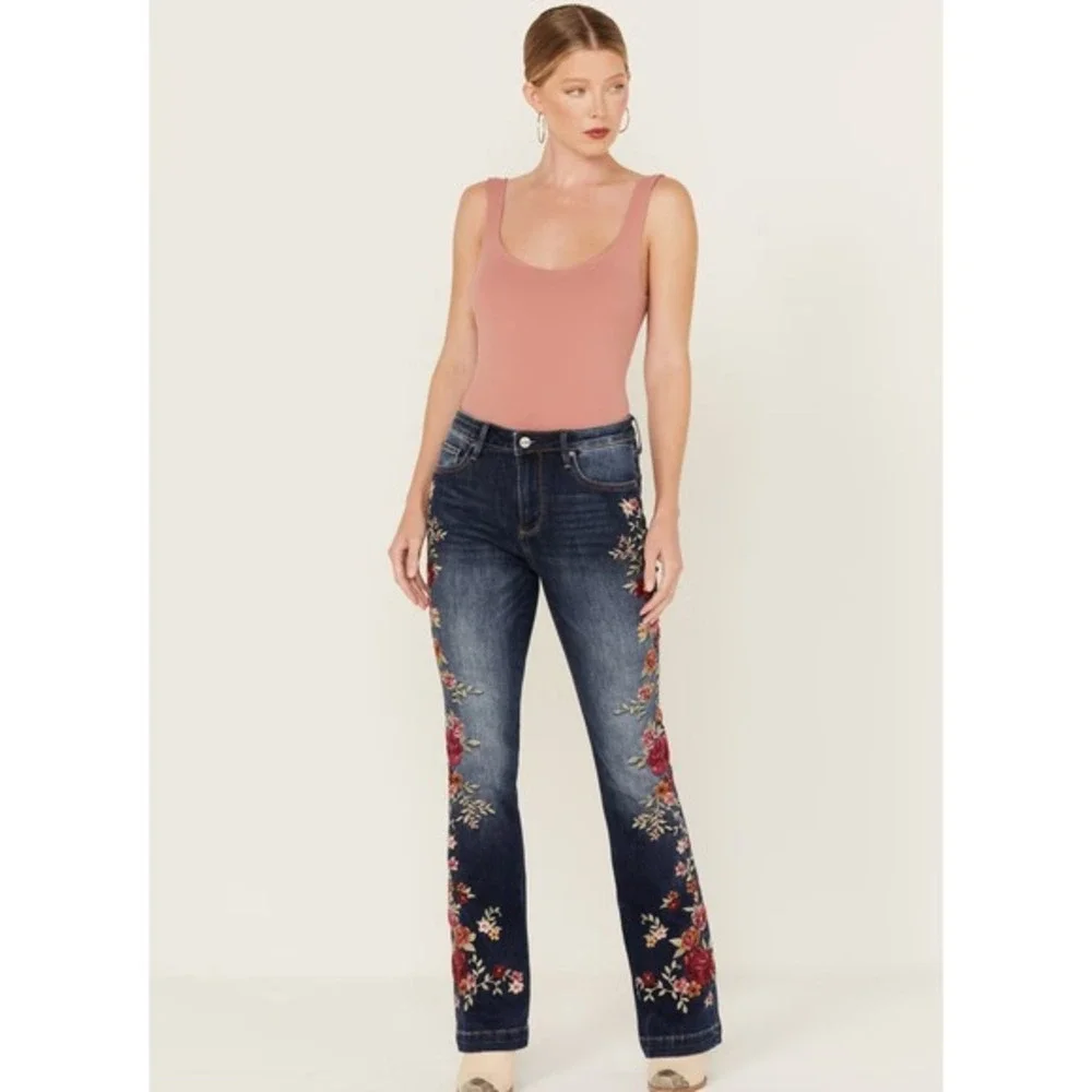 Driftwood Wyatt Medium Wash High Rise Floral Embroidered Stretch Flare Jeans - Picture 1 of 5